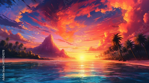 A serene tropical Paradise: Experience a Maldivian sunset in anime style - sunset over the sea - wallpaper, Generative AI