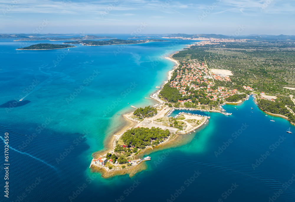 Aerial view of the fortress of St. Nicholas and the many islands in the waters of the picturesque town of Shibenik on the Adriatic coast of Croatia.
