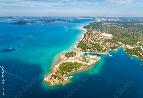 Aerial view of the fortress of St. Nicholas and the many islands in the waters of the picturesque town of Shibenik on the Adriatic coast of Croatia. © Jess_Ivanova