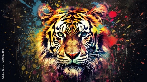 tiger form and spirit through an abstract lens. dynamic and expressive tiger print by using bold brushstrokes, splatters, and drips of paint. tiger raw power and untamed energy