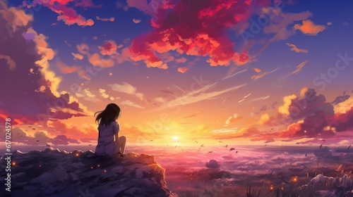 Silhouette of a girl in the sunset - Anime girl embracing the tranquil magic of a sunset: captivating 3D illustration, wallpaper, Generative AI