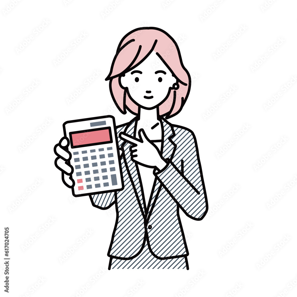 a woman in business suit style recommending, proposing, showing estimates and pointing a calculator with a smile