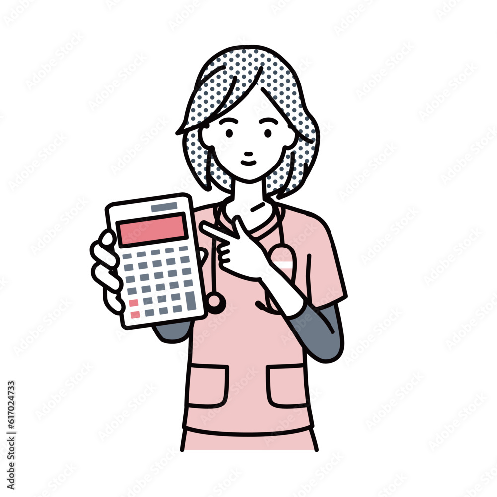 a nurse woman recommending, proposing, showing estimates and pointing a calculator with a smile a nurse woman recommending, proposing, showing estimates and pointing a calculator with a smile