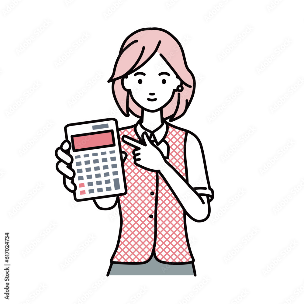a woman in clerical uniform recommending, proposing, showing estimates and pointing a calculator with a smile