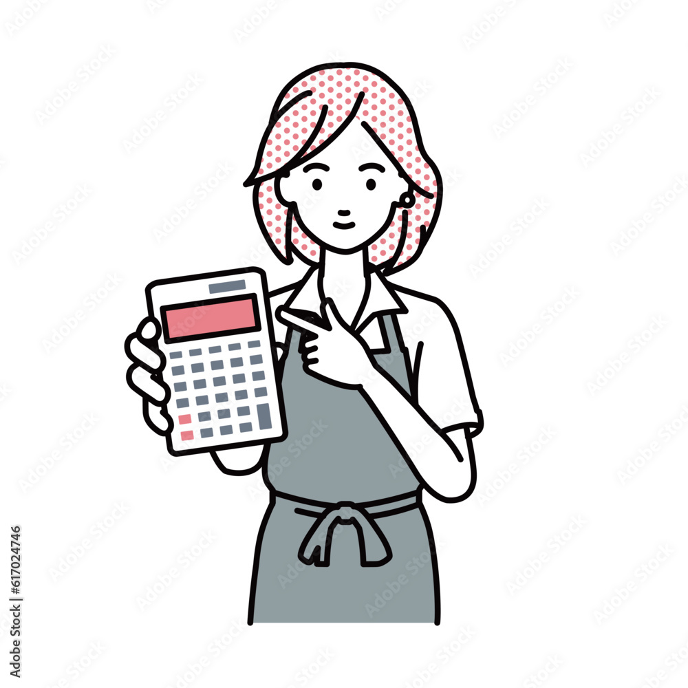 a woman in cafe apron recommending, proposing, showing estimates and pointing a calculator with a smile a woman in cafe apron recommending, proposing, showing estimates and pointing a calculator with a smile