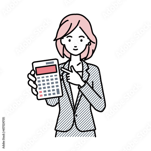 a woman in business suit style recommending, proposing, showing estimates and pointing a calculator with a smile