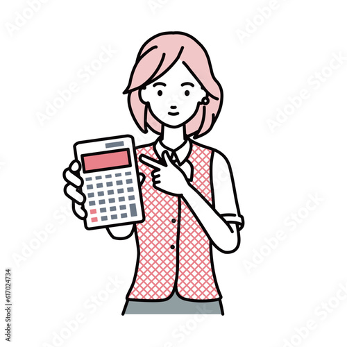 a woman in clerical uniform recommending, proposing, showing estimates and pointing a calculator with a smile