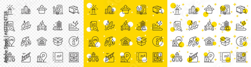Outline Petrol station, Car charging and Search package line icons pack for web with Send box, Fuel price, Inspect line icon. Open box, Power info, Square meter pictogram icon. Vector