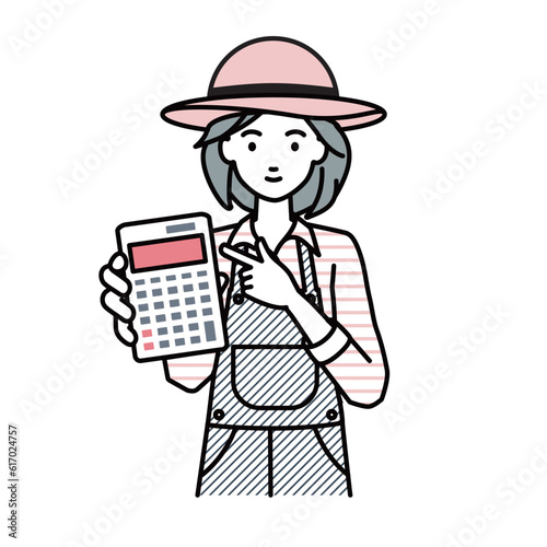 a farmer woman recommending, proposing, showing estimates and pointing a calculator with a smile