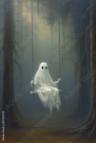 Obraz na płótnie A ghost in a dark forest rides on a swing