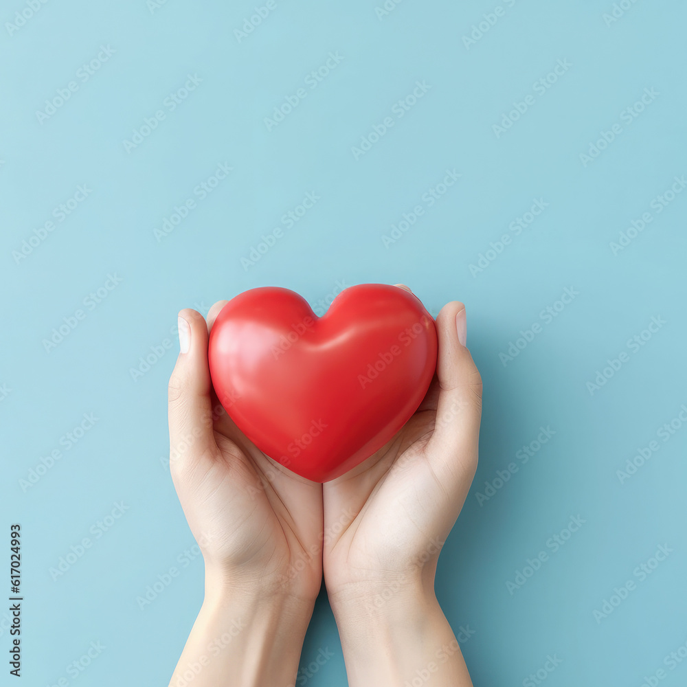 Red heart in man's hands isolated on blue background. Healthcare and hospital medical concept. Symbolic of Valentine day.Top view with space for text.Generative AI