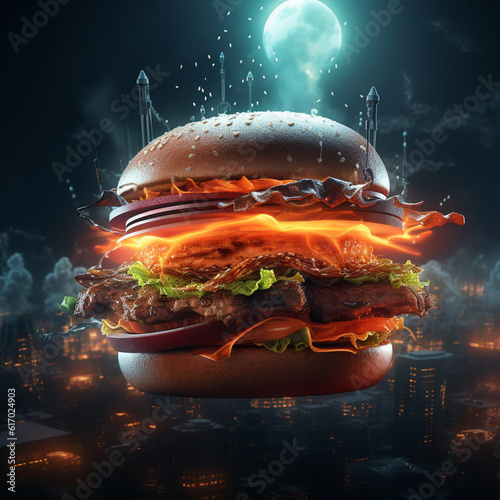 Futuristic and neon lights style spicy hamburger AI generated