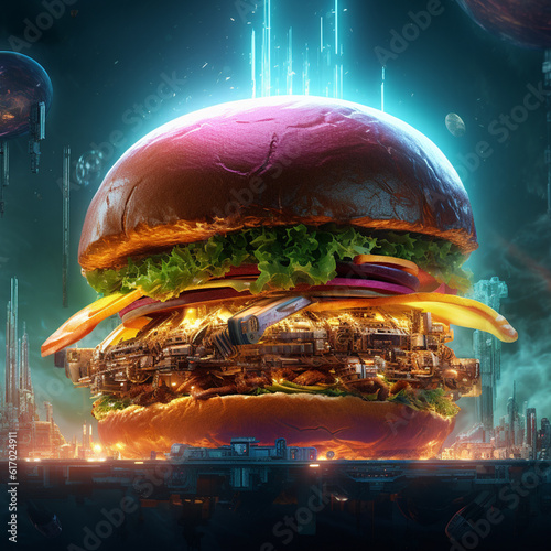 Futuristic and neon lights style spicy hamburger AI generated