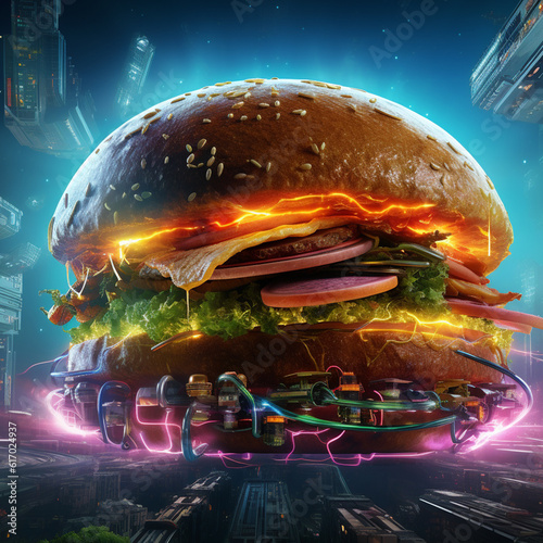 Futuristic and neon lights style spicy hamburger AI generated