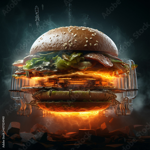 Futuristic and neon lights style spicy hamburger AI generated
