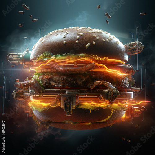 Futuristic and neon lights style spicy hamburger AI generated