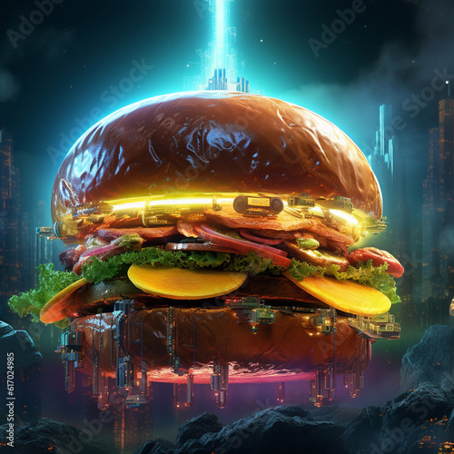 Futuristic and neon lights style spicy hamburger AI generated