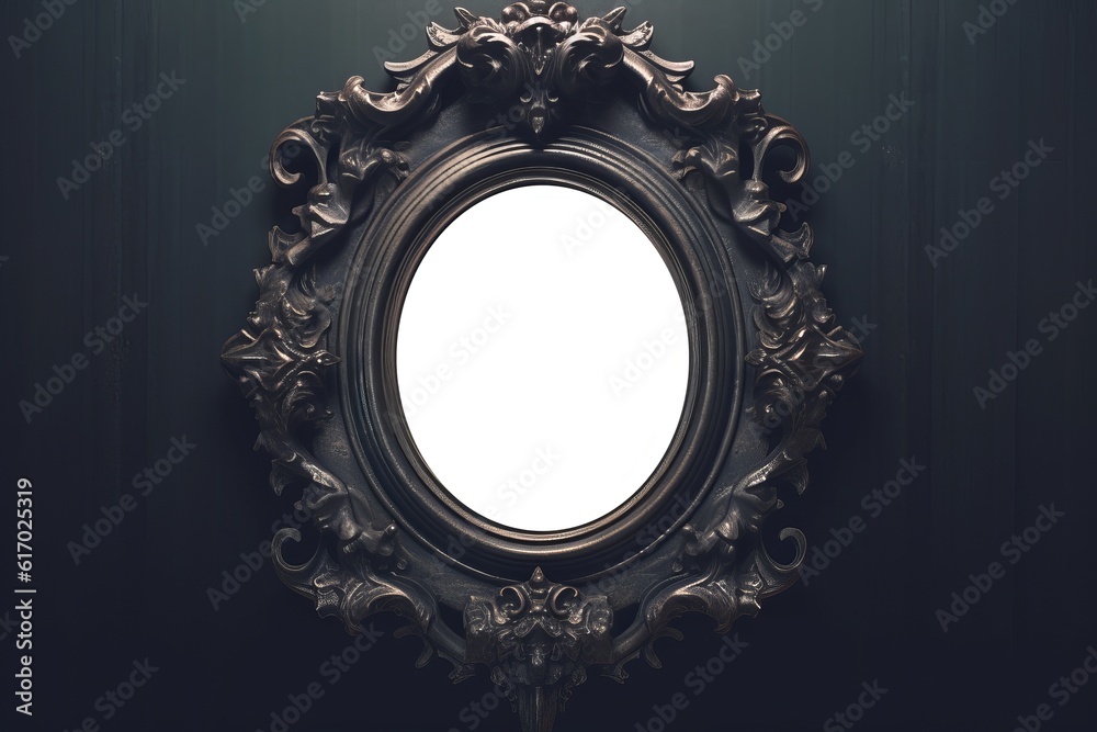 Vintage openwork bronze metal frame on a old wall background. Photo