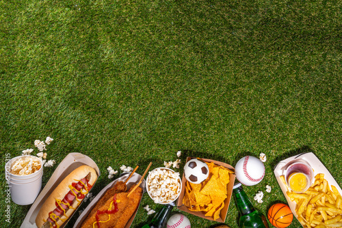 Photography Traditional sport stadium foods and beer background, Set of various baseball, ba