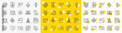 Outline Road, Puzzle and Notification line icons pack for web with Gift, Ice cream, Crane claw machine line icon. Love letter, Journey, Fishing reel pictogram icon. Fireworks. Vector