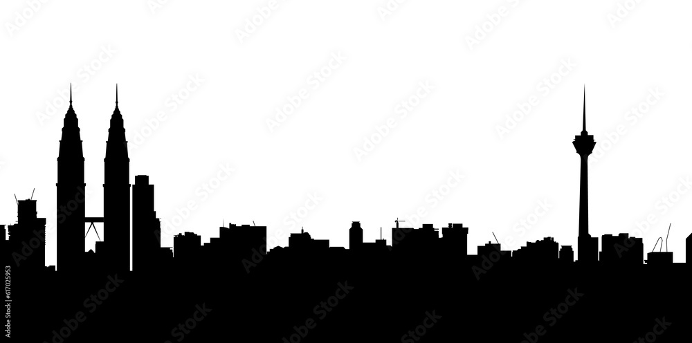 Black landscape with city buildings silhouettes on transparent background