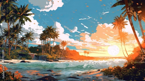 a wonderful beach scene at day with a lot of palms, anime manga style, wallpaper, Generative AI © Ameer