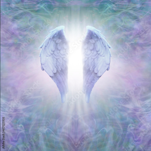Konstfotografi Angel Healing spiritual template background - a pair of angelic wings with white