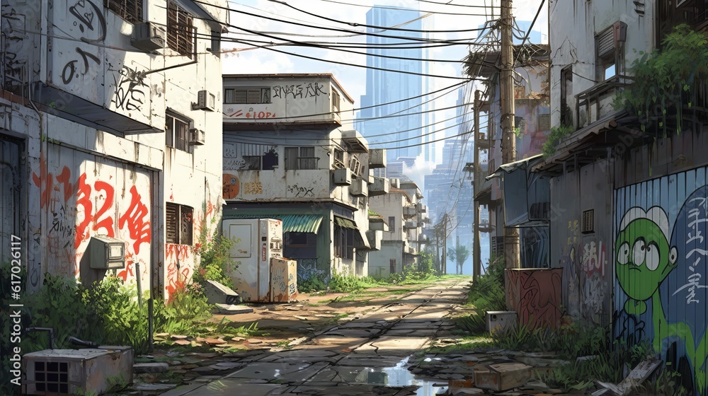 old abandoned building concept, enchanting anime-style abandoned towns: serene daytime scenes with wildflowers, moss-covered buildings, and sunlit mysteries, wallpaper, Generative AI