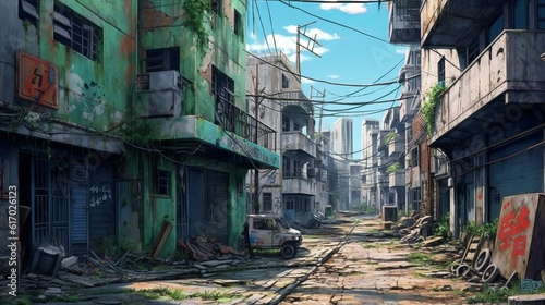 enchanting anime-style abandoned towns: serene daytime scenes with wildflowers, moss-covered buildings, and sunlit mysteries, wallpaper, old abandoned building concept, Generative AI