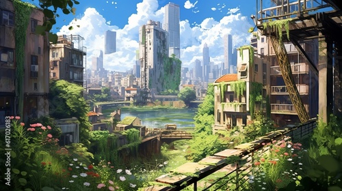 View of the town country - Nature's embrace: enchanting anime-style depiction of an abandoned city on a sunny summer day, wallpaper, Generative AI