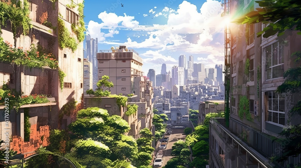 Nature's resplendence: captivating anime-style abandoned city