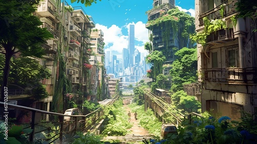 Nature's embrace: enchanting anime-style illustration of an abandoned city in summer, wallpaper, Generative AI © Ameer