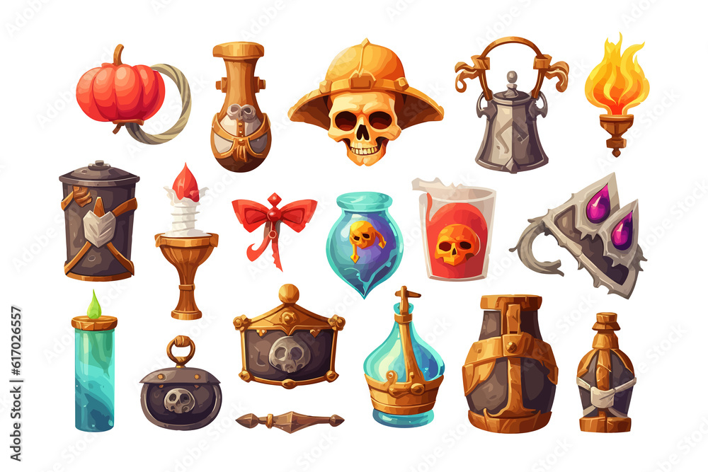 Cartoon set of pirate adventure game props . Flat vector illustration ...