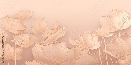Golden lotus line arts on light pink background, Luxury gold wallpaper design, wedding background. Generative AI.