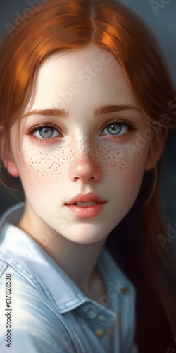 Adorable ginger youg girl with blue eyes portrait artfreckles, natural skin, white tshirt,  natural skin , cute girl, norman , Ai generated