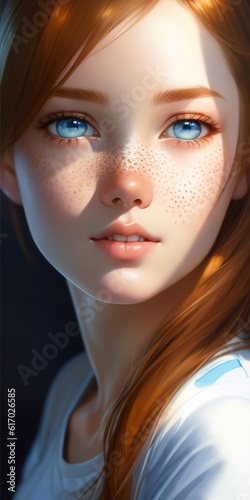 Adorable ginger youg girl with blue eyes portrait artfreckles, natural skin, white tshirt,  natural skin , cute girl, norman , Ai generated