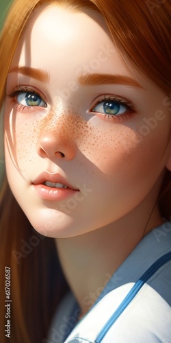 Adorable ginger youg girl with blue eyes portrait artfreckles, natural skin, white tshirt, natural skin , cute girl, norman , Ai generated