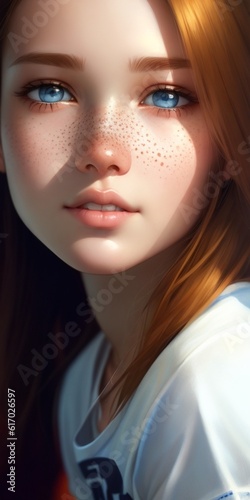 Adorable ginger youg girl with blue eyes portrait artfreckles, natural skin, white tshirt, natural skin , cute girl, norman , Ai generated