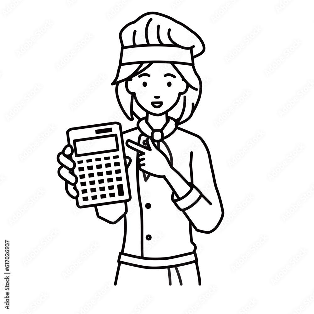 a woman cook recommending, proposing, showing estimates and pointing a calculator with a smile a woman cook recommending, proposing, showing estimates and pointing a calculator with a smile