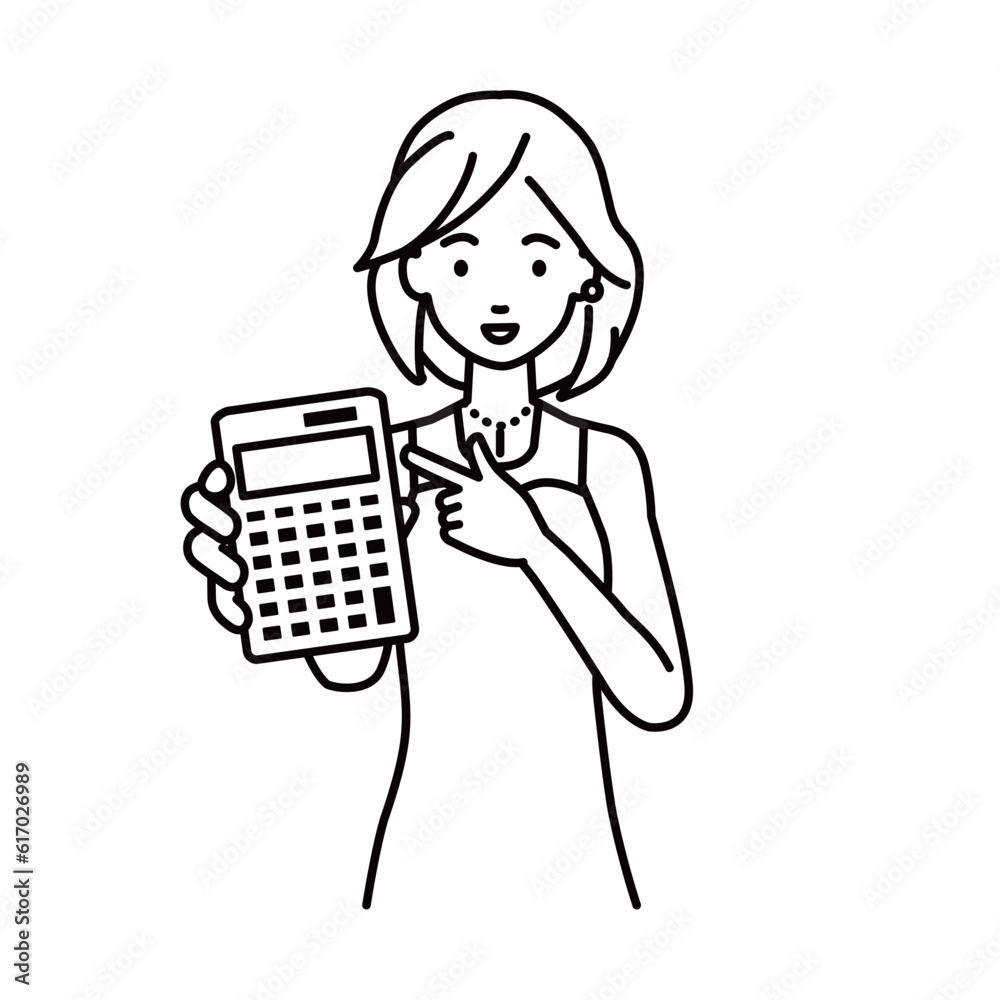 a woman in dress recommending, proposing, showing estimates and pointing a calculator with a smile a woman in dress recommending, proposing, showing estimates and pointing a calculator with a smile