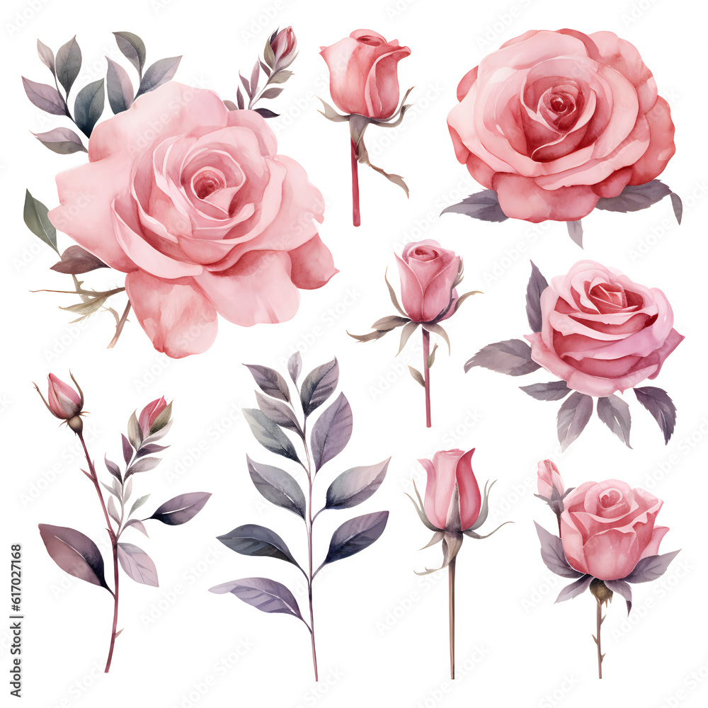 Watercolor elements pink roses, flowers, leaves, eucalyptus, branches set collection for wedding stationary, invitation card, greeting, wallpaper, fashion, isolated on transparent. generative ai Watercolor elements pink roses, flowers, leaves, eucalyptus, branches set collection for wedding stationary, invitation card, greeting, wallpaper, fashion, isolated on transparent. generative ai