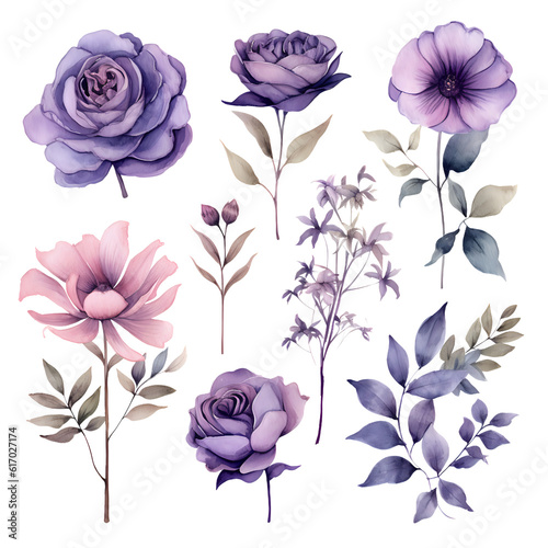 Watercolor elements of pink roses, wild flowers, leaves, eucalyptus, branches set for wedding stationary, invitation card, greeting, wallpaper, fashion, botanical collection. generative ai