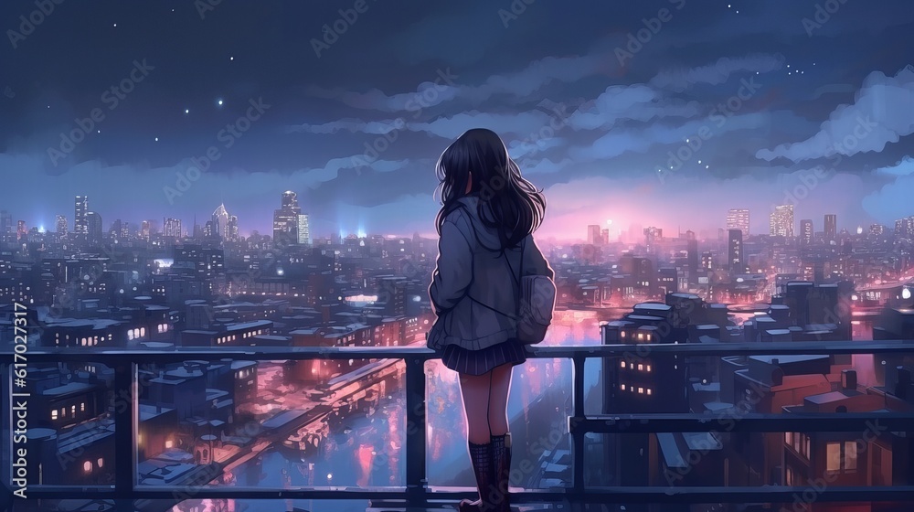 Anime cityscape at night: A moody yet beautiful 4K wallpaper of a cute ...