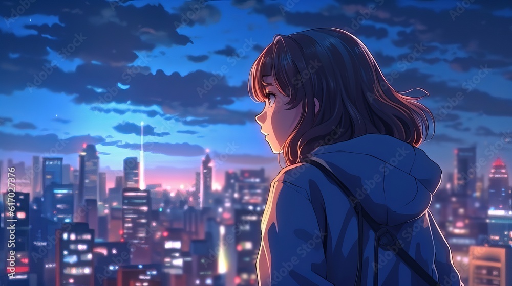 Woman in the city, anime girl admiring night cityscape - lofi manga ...