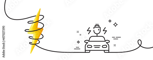 Car charging line icon. Continuous one line with curl. Vehicle charge plug sign. Electric power symbol. Car charging single outline ribbon. Loop curve with energy. Vector