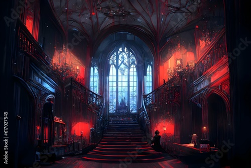 Cinematic castle interior visual novel background environment illustration anime dark gothic moody red black gorgeous 