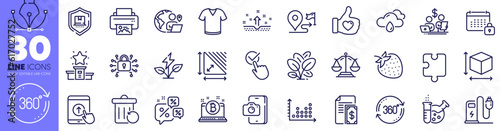 Strawberry, Outsource work and Rainy weather line icons pack. Security lock, Phone photo, Spinach web icon. Puzzle, Chemistry lab, Clean skin pictogram. Payment, Box size, T-shirt. Vector