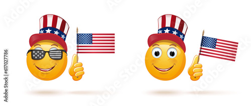 Emoticon face set in Uncle Sams hat and with the USA flag. Funny emoji celebrates US Independence Day. Vector illustration isolated on white