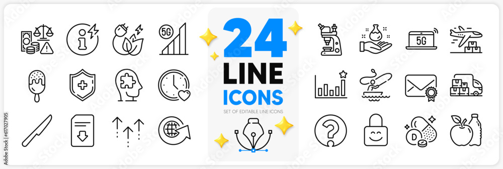 Icons set of Power info, Fraud and Question mark line icons pack for app with Microscope, Download file, Delivery truck thin outline icon. Medical shield, Mental conundrum, Dating pictogram. Vector