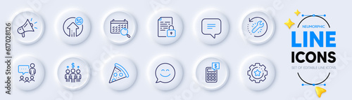 Smile chat, Calculator and Settings gear line icons for web app. Pack of Recovery tool, Pizza, People chatting pictogram icons. Search calendar, Megaphone, Text message signs. Meeting. Vector